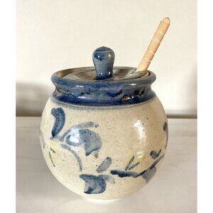 Mitchell Handmade Art Pottery Honey Pot Jar With Wood Dipper Signed